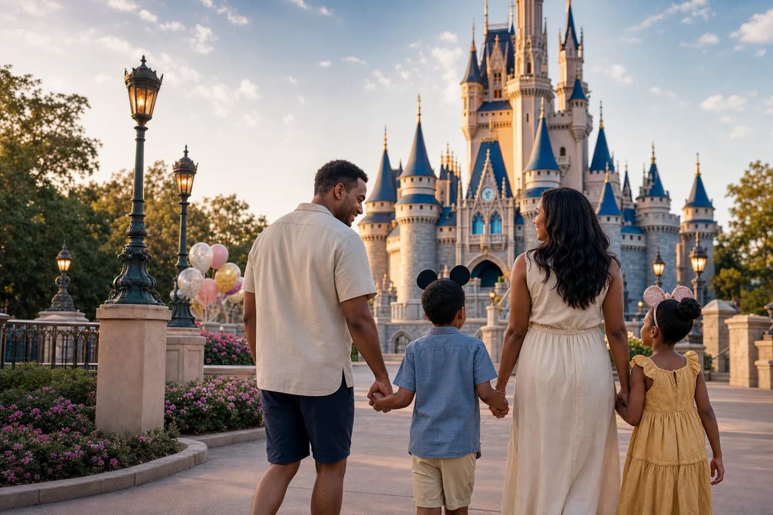 A family walking hand in hand toward a storybook theme-park castle at sunrise